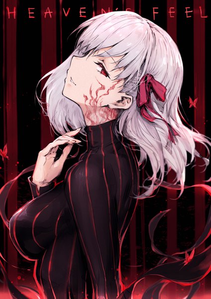 Anime picture 778x1100 with fate (series) fate/stay night heaven's feel matou sakura dark sakura haoni single long hair tall image looking at viewer fringe breasts simple background hair between eyes red eyes large breasts silver hair upper body head tilt profile