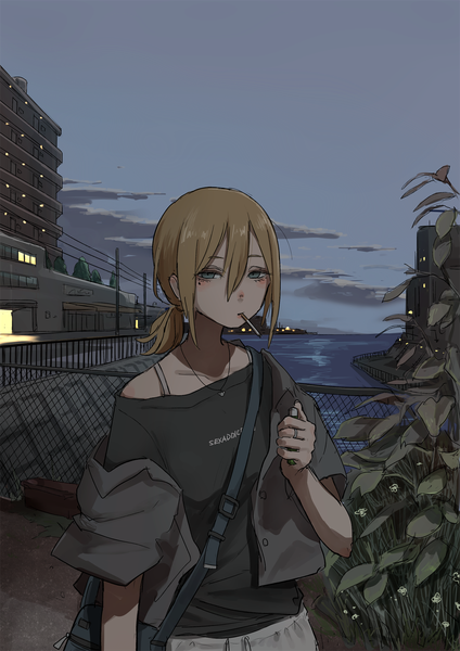 Anime picture 1302x1841 with original tabao single tall image looking at viewer fringe short hair blonde hair hair between eyes standing holding sky cloud (clouds) outdoors off shoulder mole grey eyes mole under eye mouth hold low ponytail