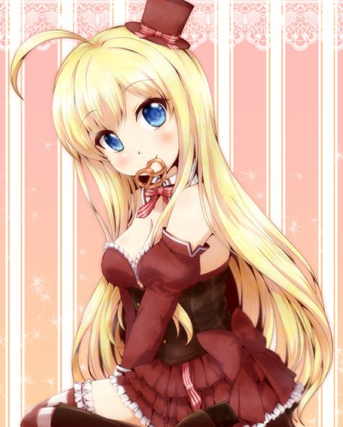 Anime picture 900x1118 with noucome chocolat (noucome) kaina (tsubasakuronikuru) single long hair tall image looking at viewer blush blue eyes blonde hair ahoge girl thighhighs dress bow hat detached sleeves frills striped thighhighs