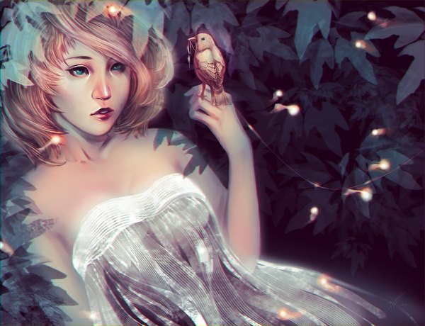 Anime picture 1000x768 with juuhanna single short hair open mouth blue eyes bare shoulders signed pink hair girl dress animal white dress bird (birds) leaf (leaves) thread