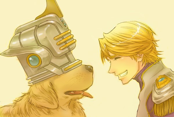 Anime picture 1748x1181 with tiger & bunny sunrise (studio) keith goodman sky high highres short hair simple background blonde hair smile eyes closed boy animal suit helmet dog