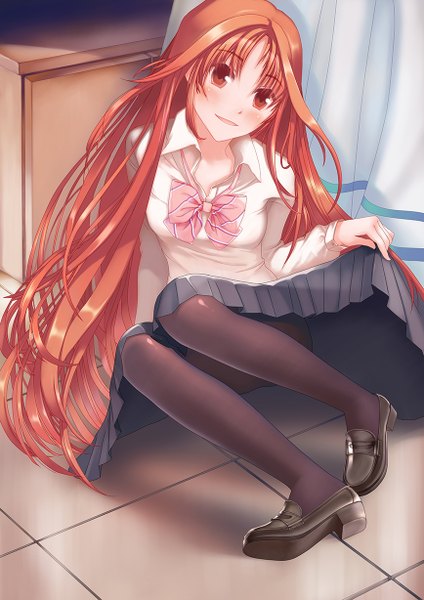 Anime picture 868x1228 with original lain1 single long hair tall image blush open mouth smile red eyes red hair girl dress skirt pantyhose shoes