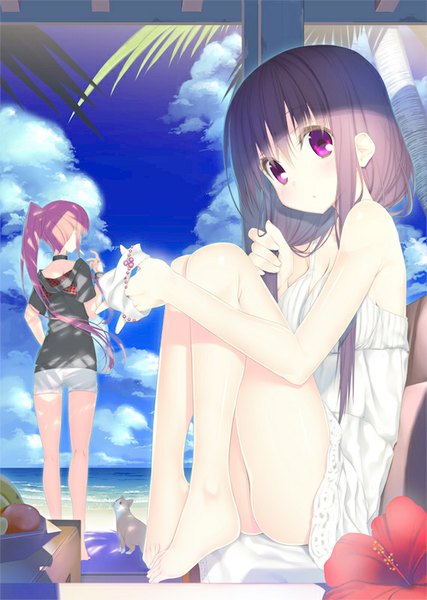 Anime picture 570x800 with original kagome (traumatize) long hair tall image blush light erotic brown hair multiple girls sky cloud (clouds) bent knee (knees) ponytail pink eyes barefoot :o legs beach girl dress flower (flowers)
