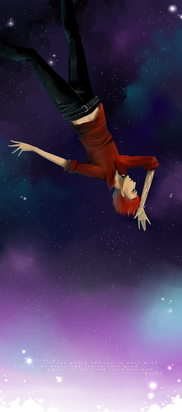 Anime picture 1041x2354 with muse bliss gasara single tall image short hair red hair night tattoo falling boy belt star (stars) pants
