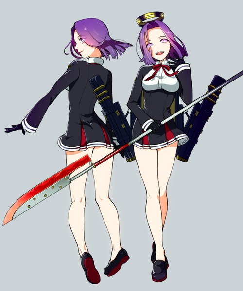 Anime picture 1332x1600 with kantai collection tatsuta light cruiser hagehiro tall image looking at viewer short hair open mouth simple background purple eyes multiple girls looking away purple hair grey background dual persona girl dress gloves weapon 2 girls black gloves