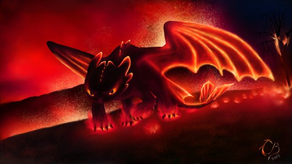 Anime picture 2064x1160 with how to train your dragon dreamworks toothless bravure highres simple background red eyes wide image signed inscription glowing glowing eye (eyes) no people red background angry dragon wings lava plant (plants) tree (trees) fire