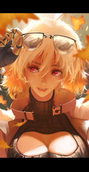 Anime picture 1600x3086 with rwby rooster teeth yang xiao long dishwasher1910 single tall image fringe short hair breasts blonde hair hair between eyes red eyes looking away cleavage upper body light smile letterboxed cleavage cutout sunglasses on head alternate age