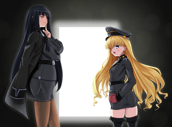Anime picture 3848x2853 with daiteikoku retia adolf grecia gobbels long hair highres blue eyes black hair blonde hair multiple girls absurdres loli orange eyes hand on hip finger to mouth clothes on shoulders girl uniform 2 girls military uniform peaked cap