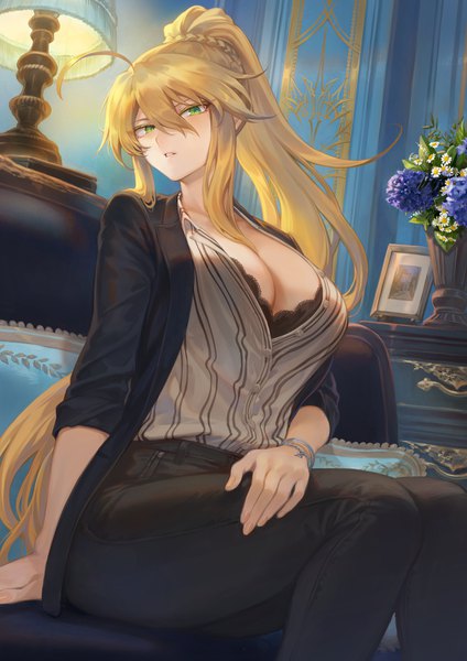 Anime picture 1302x1842 with fate (series) fate/grand order artoria pendragon (all) artoria pendragon (lancer) mashuu (neko no oyashiro) single long hair tall image looking at viewer blush fringe breasts light erotic blonde hair hair between eyes large breasts sitting green eyes payot cleavage