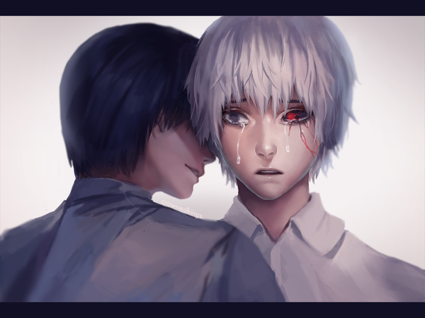 Anime picture 1200x900 with tokyo ghoul studio pierrot kaneki ken crownedkings fringe short hair open mouth black hair looking away white hair light smile lips from behind grey eyes tears back letterboxed crying dual persona black sclera