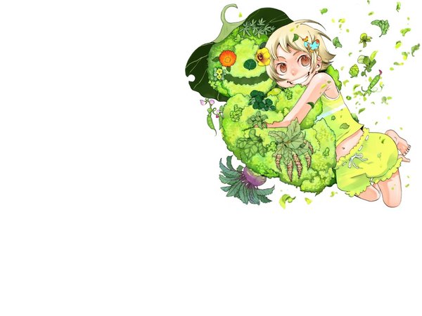 Anime picture 1024x768 with ao no exorcist a-1 pictures moriyama shiemi nii (ao no exorcist) short hair blonde hair simple background smile white background bare shoulders brown eyes barefoot hug demon girl navel