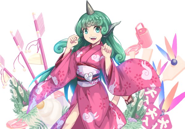 Anime picture 2077x1456 with touhou komano aun azumi (madogiwa bocchi seki) single long hair looking at viewer highres open mouth smile white background green eyes traditional clothes japanese clothes horn (horns) green hair paw pose adapted costume girl plant (plants) kimono