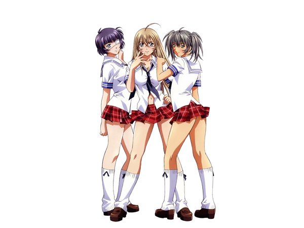 Anime picture 10000x7500 with ikkitousen ryomou shimei ryofu housen sonken chuubou long hair highres short hair light erotic blonde hair simple background white background twintails multiple girls green eyes absurdres purple hair ahoge grey hair short twintails incredibly absurdres