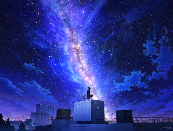 Anime picture 1500x1132 with original mocha (cotton) single long hair standing signed cloud (clouds) full body outdoors wind night night sky landscape milky way girl skirt building (buildings) star (stars) long skirt