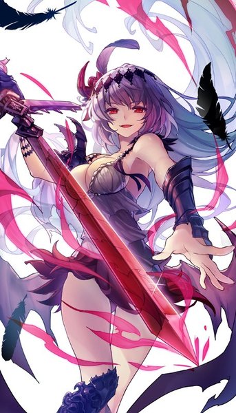 Anime picture 458x800 with granblue fantasy jeanne d'arc (granblue fantasy) achan (blue semi) single tall image looking at viewer fringe breasts light erotic simple background red eyes large breasts white background bare shoulders holding signed cleavage purple hair very long hair multicolored hair