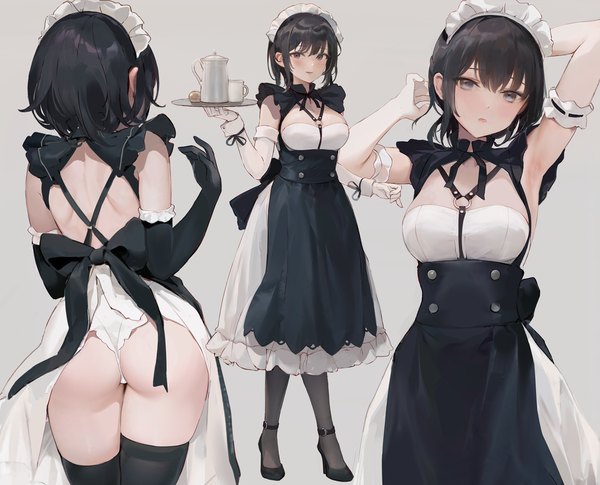 Anime picture 1300x1050 with original chowbie looking at viewer fringe short hair breasts light erotic black hair hair between eyes large breasts standing holding full body ass from behind grey background arms up maid grey eyes arm behind head