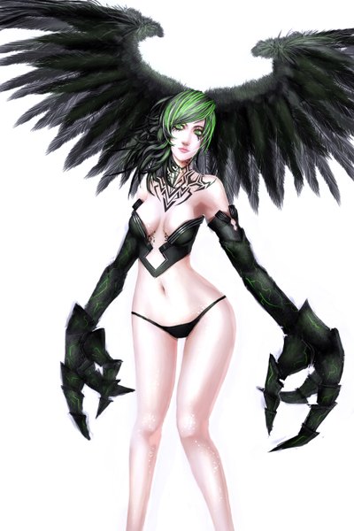 Anime picture 4000x6000 with original tekkoontan single long hair tall image highres light erotic white background bare shoulders green eyes absurdres green hair lips realistic midriff tattoo girl navel