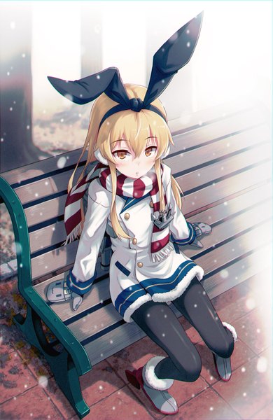 Anime picture 1000x1535 with kantai collection shimakaze destroyer 40hara single long hair tall image looking at viewer blonde hair sitting brown eyes from above alternate costume snowing winter girl gloves ribbon (ribbons) hair ribbon pantyhose jacket
