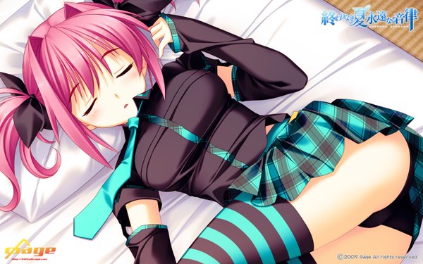 Anime picture 1440x900 with owarinaki natsu towa naru shirabe koshino karen himukai kyousuke short hair light erotic wide image twintails pink hair sleeping thighhighs skirt underwear panties