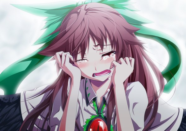 Anime picture 1500x1061 with touhou reiuji utsuho raid zero single long hair blush open mouth black hair red eyes tears crying girl bow hair bow wings