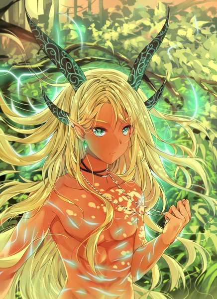 Anime picture 1000x1375 with original nia (leafunia) single long hair tall image looking at viewer blonde hair green eyes upper body horn (horns) nude pointy ears floating hair dark skin aura boy plant (plants) earrings tree (trees) pendant