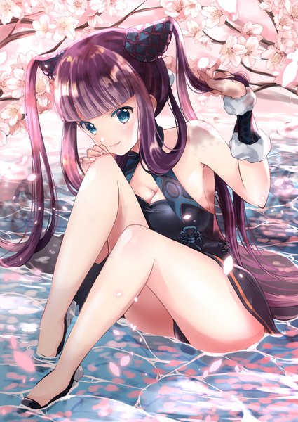Anime picture 1062x1500 with fate (series) fate/grand order yang guifei (fate) iroha (shiki) single tall image fringe blue eyes light erotic twintails payot purple hair blunt bangs very long hair bare legs partially submerged cherry blossoms holding hair hand on knee girl