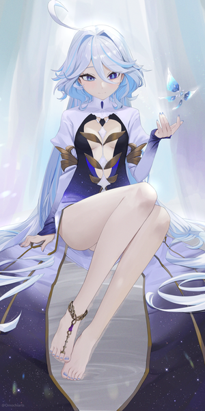 Anime picture 1502x3009 with genshin impact crystalfly (genshin impact) focalors (genshin impact) omochiarts single tall image fringe blue eyes light erotic smile hair between eyes looking away silver hair full body very long hair nail polish arm support bare legs heterochromia blue nail polish