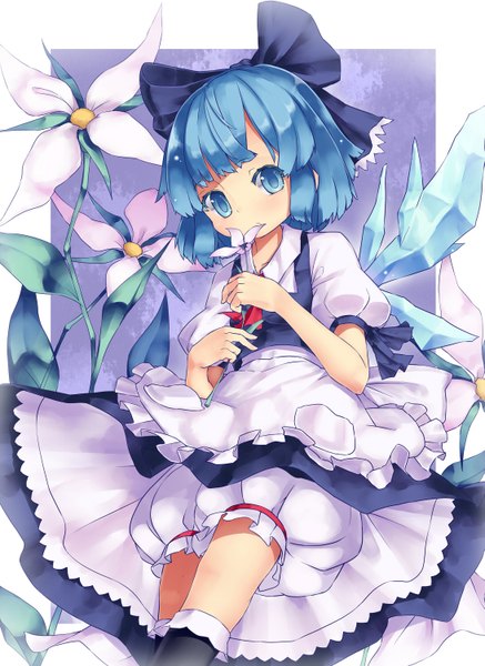 Аниме картинка 1093x1500 с touhou cirno mikan (bunanoha) один (одна) высокое изображение румянец короткие волосы голубые глаза синие волосы рукава-фонарики девушка платье цветок (цветы) бант бант для волос крылья фартук панталоны