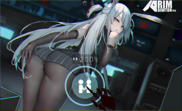 Anime picture 6750x4133 with arknights savage (arknights) fentou shou single long hair looking at viewer blush fringe highres open mouth light erotic hair between eyes wide image standing bare shoulders animal ears absurdres silver hair ass indoors