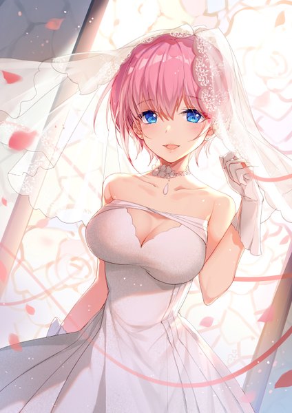 Anime picture 1000x1415 with go-toubun no hanayome nakano ichika bison cangshu single tall image looking at viewer blush fringe short hair breasts open mouth blue eyes light erotic smile hair between eyes large breasts standing bare shoulders pink hair cleavage