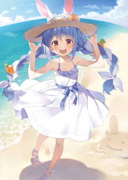 Anime picture 920x1300 with virtual youtuber hololive usada pekora yuuki hagure single long hair tall image looking at viewer blush fringe open mouth smile standing bare shoulders animal ears payot blue hair sky cloud (clouds) full body