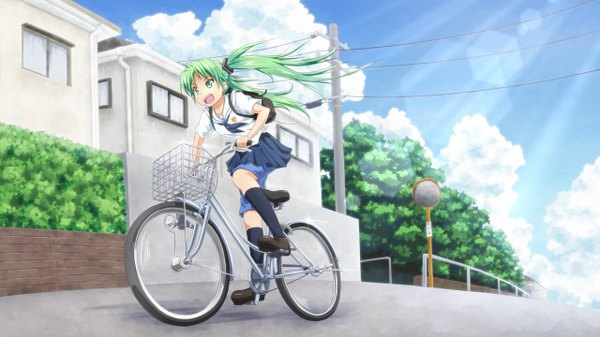 Anime picture 1280x720 with vocaloid hatsune miku onsen (riai) long hair open mouth wide image twintails aqua eyes aqua hair girl serafuku ground vehicle bicycle