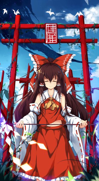 Anime picture 1000x1824 with touhou hakurei reimu baisi shaonian single long hair tall image brown hair eyes closed miko girl skirt bow plant (plants) hair bow detached sleeves grass skirt set torii gohei