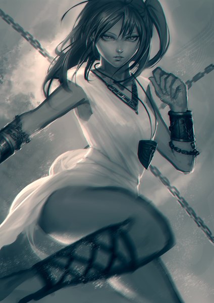Anime-Bild 2480x3508 mit magi the labyrinth of magic a-1 pictures morgiana arieaesu single long hair tall image looking at viewer highres open mouth realistic one side up monochrome dust girl dress shoes bracelet white dress chain