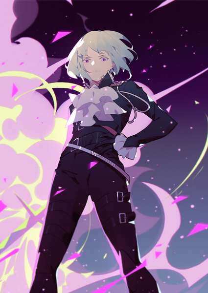Anime picture 1141x1611 with promare studio trigger lio fotia amenohi single tall image looking at viewer short hair purple eyes aqua hair from below hand on hip explosion boy gloves black gloves neckerchief