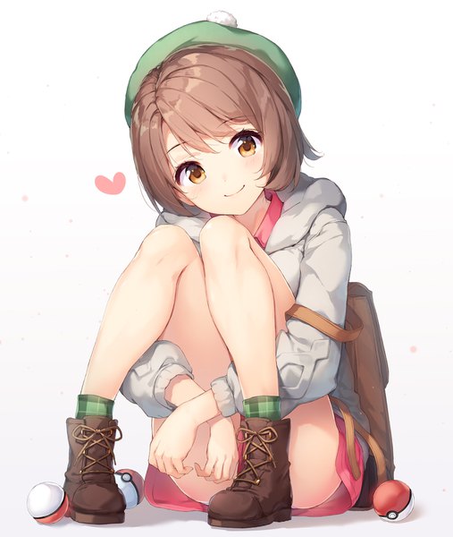 Anime picture 1269x1500 with pokemon pokemon (game) pokemon swsh nintendo gloria (pokemon) nijihashi sora single tall image looking at viewer blush fringe short hair light erotic simple background smile brown hair white background sitting brown eyes full body