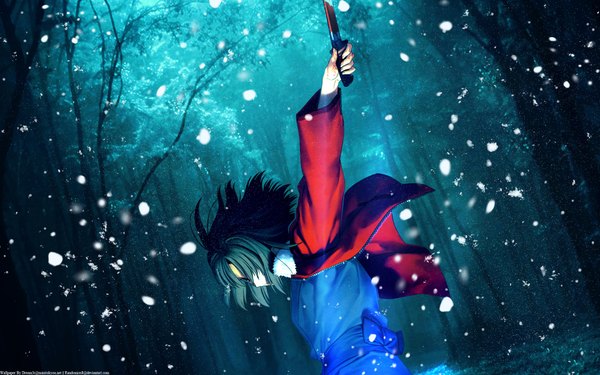 Anime picture 1920x1200 with kara no kyoukai type-moon ryougi shiki single fringe highres short hair blue eyes black hair wide image traditional clothes japanese clothes hair over one eye night wallpaper snowing winter girl weapon plant (plants)