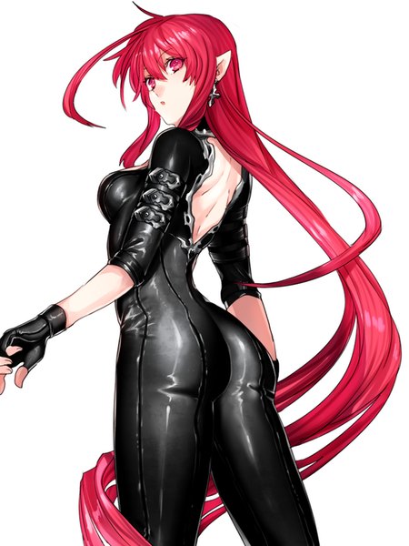 Anime picture 600x800 with original katagiri hachigou single tall image light erotic simple background red eyes white background ahoge red hair very long hair parted lips looking back pointy ears back girl gloves earrings fingerless gloves bodysuit