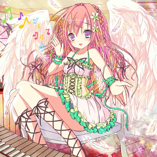 Anime picture 1000x1000 with shiwasu horio single long hair blush open mouth purple eyes bare shoulders pink hair hair flower angel wings girl dress hair ornament flower (flowers) wings feather (feathers) chair musical instrument musical note piano