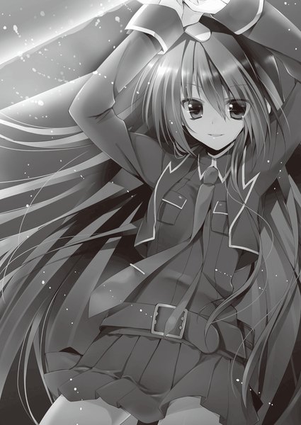 Anime picture 726x1024 with seirei tsukai no blade dance rubia elstein sakura hanpen single long hair tall image looking at viewer fringe breasts smile hair between eyes payot parted lips pleated skirt arms up official art sparkle leaning monochrome novel illustration