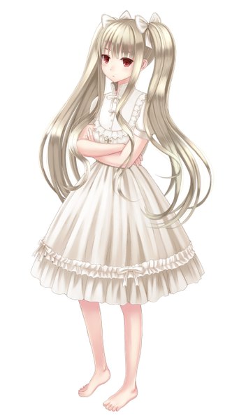 Anime picture 816x1428 with beatmania beatmania iidx megimegyo single long hair tall image looking at viewer blush fringe simple background red eyes white background twintails barefoot grey hair legs crossed arms girl dress bow