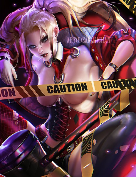 Anime picture 695x900 with batman dc comics harley queen sakimichan single long hair tall image looking at viewer breasts blue eyes light erotic blonde hair large breasts sitting ponytail realistic open clothes open jacket lipstick piercing