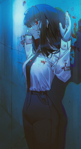 Anime picture 3252x6000 with original domi (hyaku8795) single long hair tall image fringe highres black hair hair between eyes red eyes looking away absurdres long sleeves arms up anaglyph blood on face against wall bloody clothes blood stains girl