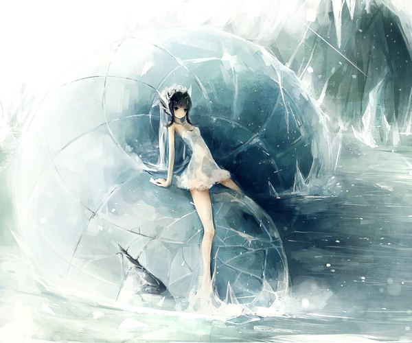 Anime picture 1200x1000 with original asahiro single fringe short hair breasts black hair bare shoulders black eyes arm support bare legs sleeveless girl dress hair ornament animal water sundress snake