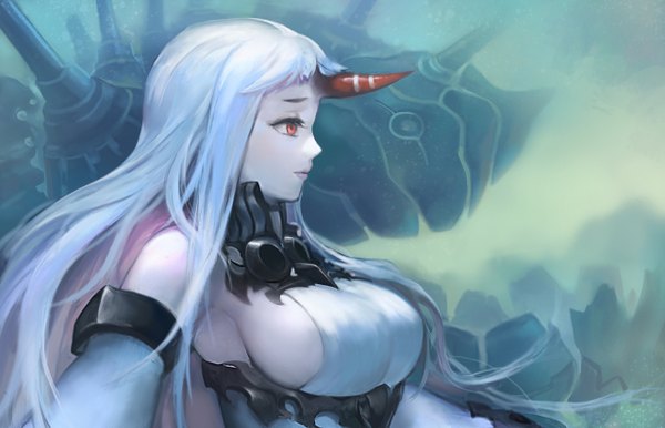 Anime picture 1280x825 with kantai collection seaport hime te (artist) single long hair breasts light erotic red eyes large breasts white hair profile horn (horns) lips shinkaisei-kan girl detached sleeves sweater dress