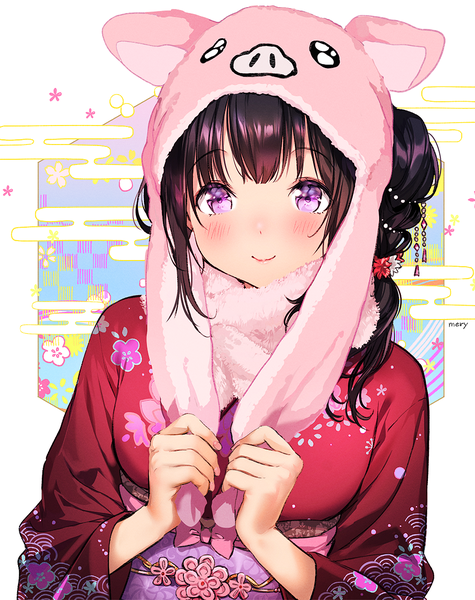 Anime picture 1000x1262 with hyouka kyoto animation chitanda eru mery (yangmalgage) single long hair tall image looking at viewer blush fringe black hair simple background smile standing purple eyes holding payot upper body traditional clothes japanese clothes