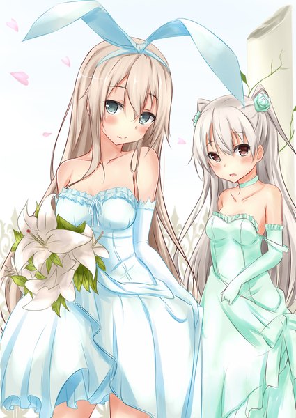 Anime picture 1500x2119 with kantai collection shimakaze destroyer amatsukaze destroyer saku (kudrove) long hair tall image looking at viewer blush open mouth blue eyes blonde hair multiple girls brown eyes white hair two side up girl dress gloves flower (flowers) bow