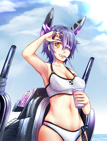 Anime picture 822x1080 with kantai collection tenryuu light cruiser mochi (chain csn) single tall image looking at viewer blush fringe short hair breasts light erotic large breasts yellow eyes purple hair armpit (armpits) wet sweat glowing adjusting hair sweatdrop