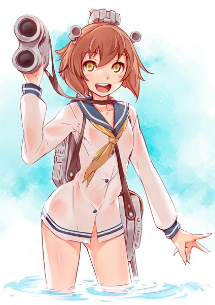 Anime picture 724x1024 with kantai collection yukikaze destroyer nishiizumi tasuku single tall image looking at viewer blush short hair open mouth light erotic simple background smile brown hair white background yellow eyes girl uniform shirt water necktie