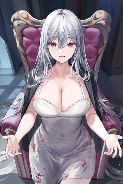 Anime picture 4000x6000 with original lillly single tall image looking at viewer blush fringe highres breasts open mouth light erotic hair between eyes large breasts standing purple eyes absurdres cleavage silver hair indoors very long hair